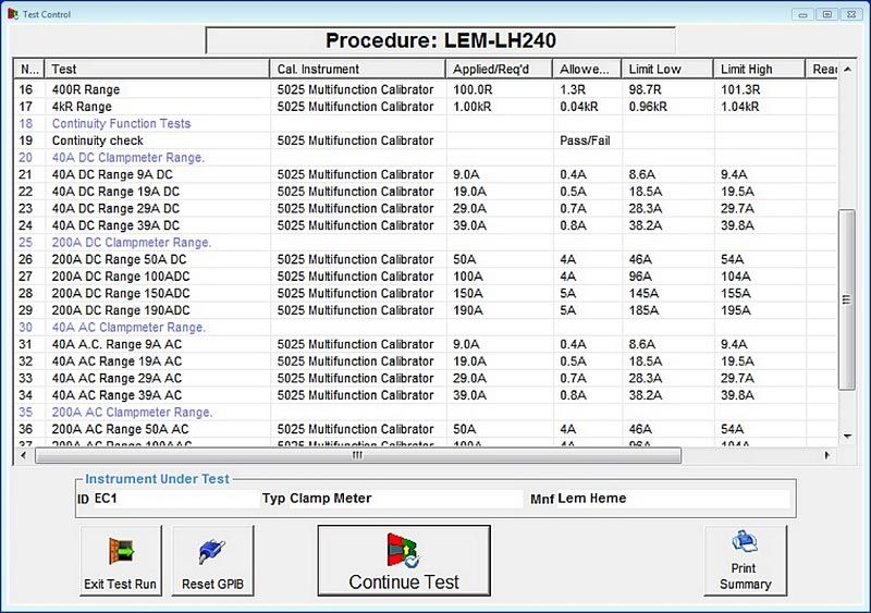 Test control allows the user to review the procedure during calibration